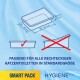 Illustration d'une litière pour chat avec des dimensions, étiquetée "SMART PACK" et "HYGIENE Plus," indiquant qu'elle s'adapte aux litières rectangulaires standard.