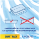 Illustration d'une litière pour chat avec des dimensions, étiquetée "SMART PACK" et "HYGIENE Plus," indiquant qu'elle s'adapte aux litières rectangulaires standard.