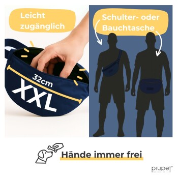 Eine marineblaue "XXL" Tierzubehör-Tasche (32cm) mit einer Hand, die hineinreicht, mit den Texten "Leicht zugänglich" und "Hände immer frei".