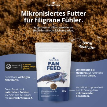 NatureHolic FAN FEED 30 g weißer Beutel Garnelenfutter, Text 'Mikronisiertes Futter für filigrane Fühler'.