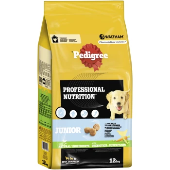 Pedigree Junior Hundefutterbeutel, 12kg, mit einem glücklichen Welpen, beschriftet mit "Professionelle Ernährung" mit natürlichen Zutaten und Präbiotika.