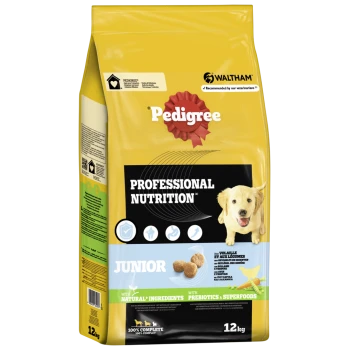 Pedigree Junior Hundefutterbeutel, 12kg, mit einem glücklichen Welpen, beschriftet mit "Professionelle Ernährung" mit natürlichen Zutaten und Präbiotika.