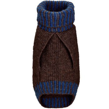 Ein brauner gestrickter Hundepullover mit einem blau-braunen gestreiften Kragen, mit Öffnungen für die Vorderbeine und einer engen Passform.