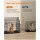Zwei Hunde sitzen in verschiedenen Draht-Hundeboxen, eine mit Dachdesign für mehr Platz, mit deutschem Text zum Vergleich der Boxengrößen.