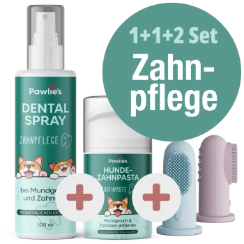 Pawlie's Zahnpflegeset mit einem Zahnspray, Hundezahnpasta und einer Zahnbürste, mit einem Werbeschild, das "1+1+2 Set Zahnpflege" angibt.
