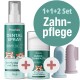 Pawlie's Zahnpflegeset mit einem Zahnspray, Hundezahnpasta und einer Zahnbürste, mit einem Werbeschild, das "1+1+2 Set Zahnpflege" angibt.