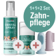 Pawlie's Zahnpflegeset mit einem Zahnspray, Hundezahnpasta und einer Zahnbürste, mit einem Werbeschild, das "1+1+2 Set Zahnpflege" angibt.