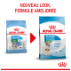 Emballage de nourriture pour chien Royal Canin montrant un nouveau design pour la formule "Starter Mother & Babydog", 10 kg, avec un texte mettant en avant la formule améliorée.