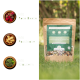 Natürliche Haustierfuttermischung in einem Beutel mit der Aufschrift "2-in-1 BARF Flocken Mix" neben einer Schüssel, mit Dosierungsanweisungen für Welpen, Erwachsene und Senioren.