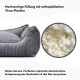 Graues orthopädisches Haustierbett mit gerippter Textur, das viskoelastische Flockenfüllung für Gelenkschutz und Muskelentspannung zeigt.