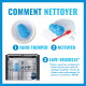 Jouet KONG bleu : trempé dans un bol savonneux, brossé avec une brosse rouge, puis placé dans le panier du lave-vaisselle ; affiche « COMMENT NETTOYER ».