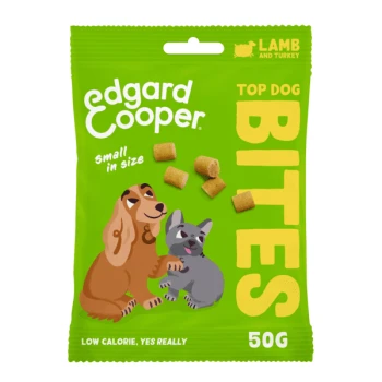 Bites Truthahn und Lamm 50 g Grüne Verpackung mit "Edgard Cooper" Logo, "Top Dog Bites" Text und Illustrationen eines braunen und grauen Hundes. 50g, Lamm- und Truthahn-Geschmack.