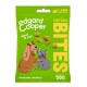Grüne Verpackung mit "Edgard Cooper" Logo, "Top Dog Bites" Text und Illustrationen eines braunen und grauen Hundes. 50g, Lamm- und Truthahn-Geschmack.