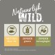 Huisdiervoedsel label "Natuurlijk WILD" benadrukt: "METVEEL vlees/vis," "ZONDER granen," "ZONDER toevoegingen."
