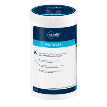 Behälter von Navalis Nephrosal, einem Ergänzungsfutter für Pferde und Equiden, das zur Unterstützung der Nierengesundheit entwickelt wurde.