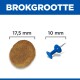 Vergelijking van een 17,5 mm huisdiervoerbrok en een blauwe punaise van 10 mm onder de kop "BROKGROOTTE".