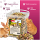 Durchsichtiger Behälter mit buntem Haustierfutter, gekennzeichnet als "PANTO Nager-Krokant-Mix" mit einem Kaninchen und einem Meerschweinchen, das gesundheitliche Vorteile hervorhebt.