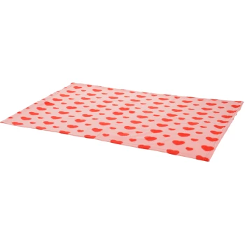 Pink pet blanket with red heart patterns, soft fabric, rectangular shape, ideal for small pets.