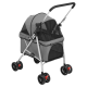 Tierkinderwagen in Grau mit einem Netzdach, Becherhalter und vier Rädern, entworfen für den komfortablen Transport kleiner Haustiere.