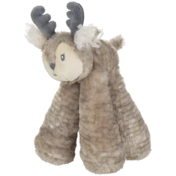 Plush grey-brown reindeer dog toy with soft long legs, cream face, embroidered eyes and dark grey antlers.