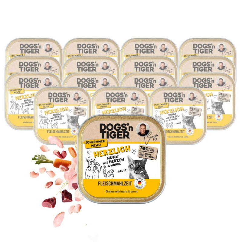 Dogs'n Tiger Adult Nassfutter Katze, Herzlich, Huhn, Rinderherzen & Karotte 16x100 g