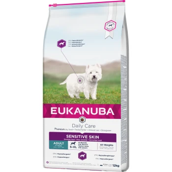 EUKANUBA Daily Care Trockenfutter für Hunde mit empfindlicher Haut, 12 kg Beutel, geeignet für erwachsene Hunde aller Rassen, hypoallergene Formel.