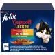 Felix Doppelt Lecker Katzenfutterbox mit einer schwarz-weißen Katze, zeigt Vielfalt in Gelee mit Gemüse, 24 Packungen.