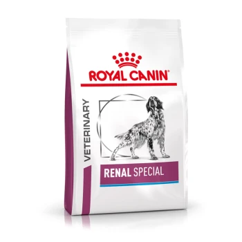 Royal Canin Veterinary Renal Special Hundefutterbeutel mit einer schwarz-weißen Illustration eines Hundes und einem lila Etikett.