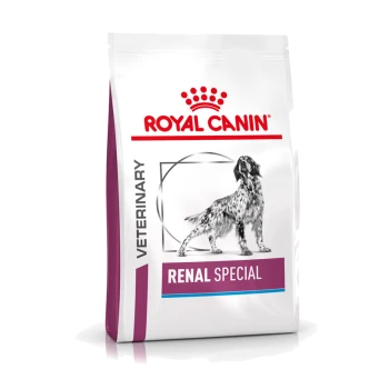 Royal Canin Veterinary Renal Special Hundefutterbeutel mit einer schwarz-weißen Illustration eines Hundes und einem lila Etikett.