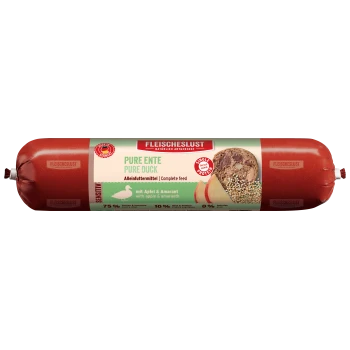 Rote zylindrische Verpackung von "Fleischeslust Pure Duck" Tiernahrung, zeigt Fleisch und Getreide, mit der Bezeichnung "Vollfutter" mit 75% Fleisch.