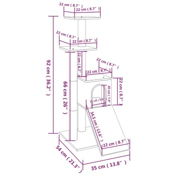 Illustration der Abmessungen eines Katzenbaums, mit mehreren Plattformen, einem Tunnel und einer Rampe, mit Maßen in Zentimetern und Zoll.