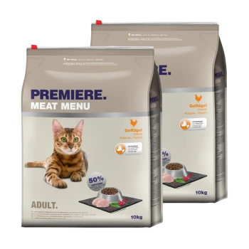 Zwei Säcke Katzenfutter mit der Aufschrift "Premiere. Meat Menu" mit einem Gewicht von 10 kg, mit einer Katze neben einer Schüssel mit Trockenfutter und frischem Fleisch.
