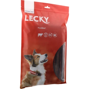 Rote Verpackung für Lecky Piccoli Rindfleisch-Hundeleckerlis mit einem glücklichen Hund mit Halsband, beschriftet mit "100% Natürlich" und "Premium Qualität".