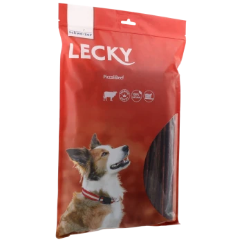 Rote Verpackung für Lecky Piccoli Rindfleisch-Hundeleckerlis mit einem glücklichen Hund mit Halsband, beschriftet mit "100% Natürlich" und "Premium Qualität".