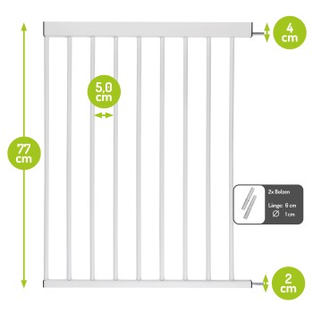 Weißes Haustiersicherheitsgitter mit vertikalen Stäben, 77 cm hoch, 5 cm Stababstand und 2 cm Bodenfreiheit, mit Montageanleitungen.