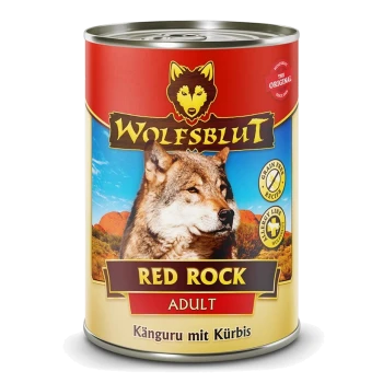 Dosenfutter für Hunde mit der Aufschrift "Wolfsblut Red Rock Adult", mit dem Gesicht eines Wolfes auf der Vorderseite, mit den Texten "Getreidefreies Rezept" und "Känguru mit Kürbis".