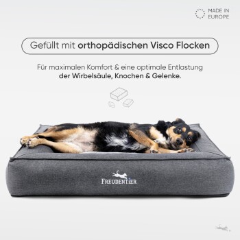 Ein entspannter Hund liegt auf einem grauen orthopädischen Haustierbett, mit Text, der die viskoelastische Schaumfüllung für Komfort und Unterstützung hervorhebt.
