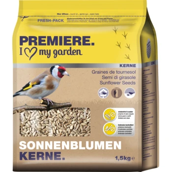 A 1.5 kg bag of sunflower seeds for birds, labeled "PREMIERE. I ♥ my garden," with a goldfinch on a branch.