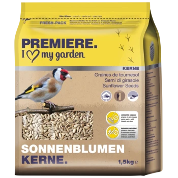 Ein 1,5 kg Beutel Sonnenblumenkerne für Vögel, beschriftet "PREMIERE. I ♥ meinen Garten," mit einem Stieglitz auf einem Ast.