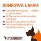 'Sensitive Lamm' Hundefutter bietet reduziertes Protein, hochwertiges Inulin, Vorteile für die Darmgesundheit und Fleisch von Weide-Schafen. Fitt-Crock®-Logo enthalten.