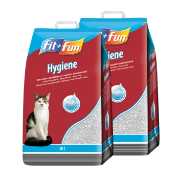 Deux sacs de litière pour chat fit+fun étiquetés 'Hygiène', avec une image de chat et un texte multilingue sur les caractéristiques absorbantes et non agglomérantes.