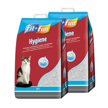 Zwei fit+fun Katzenstreusäcke mit der Aufschrift 'Hygiene', mit einem Katzenbild und mehrsprachigem Text zu absorbierenden, nicht klumpenden Eigenschaften.