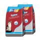 Deux sacs de litière pour chat fit+fun étiquetés 'Hygiène', avec une image de chat et un texte multilingue sur les caractéristiques absorbantes et non agglomérantes.