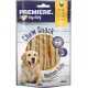 Kau-Snack-Verpackung für Hunde mit einem Golden Retriever, beschriftet mit "Premiere. Ich ❤️ meinen Hund," mit den Texten "Mittlere Rollen" und "mit Huhn."