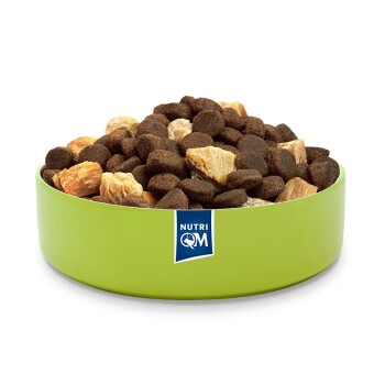 Eine grüne Futterschüssel für Haustiere, gefüllt mit einer Mischung aus dunklem Futter und hellen, stückigen Teilen, beschriftet mit "NUTRI QM."