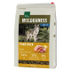 Hundefutterbeutel mit der Aufschrift 'Wilderness Adult Pure Duck', mit einem Wolf im Waldhintergrund, mit 65% Ente, 35% Früchten und Gemüse und 0% Getreide.