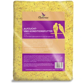 Optimax Aufzucht- und Konditionsfutter, 300g, Premium-Zusatzfutter für alle Käfigvögel, mit aufgeführten Nährstoffvorteilen und Zutaten.