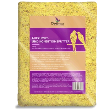 Optimax Aufzucht- und Konditionsfutter, 300g, Premium-Zusatzfutter für alle Käfigvögel, mit aufgeführten Nährstoffvorteilen und Zutaten.