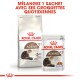 Emballage de nourriture pour chat Royal Canin Senior Ageing 12+, présentant un sac et un sachet, avec une image de chat et un texte en français promouvant le mélange avec des croquettes quotidiennes.