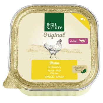 Real Nature Original Katzenfutterverpackung mit Huhn und Zucchini, mit der Aufschrift "Huhn mit Zucchini", geeignet für erwachsene Katzen.